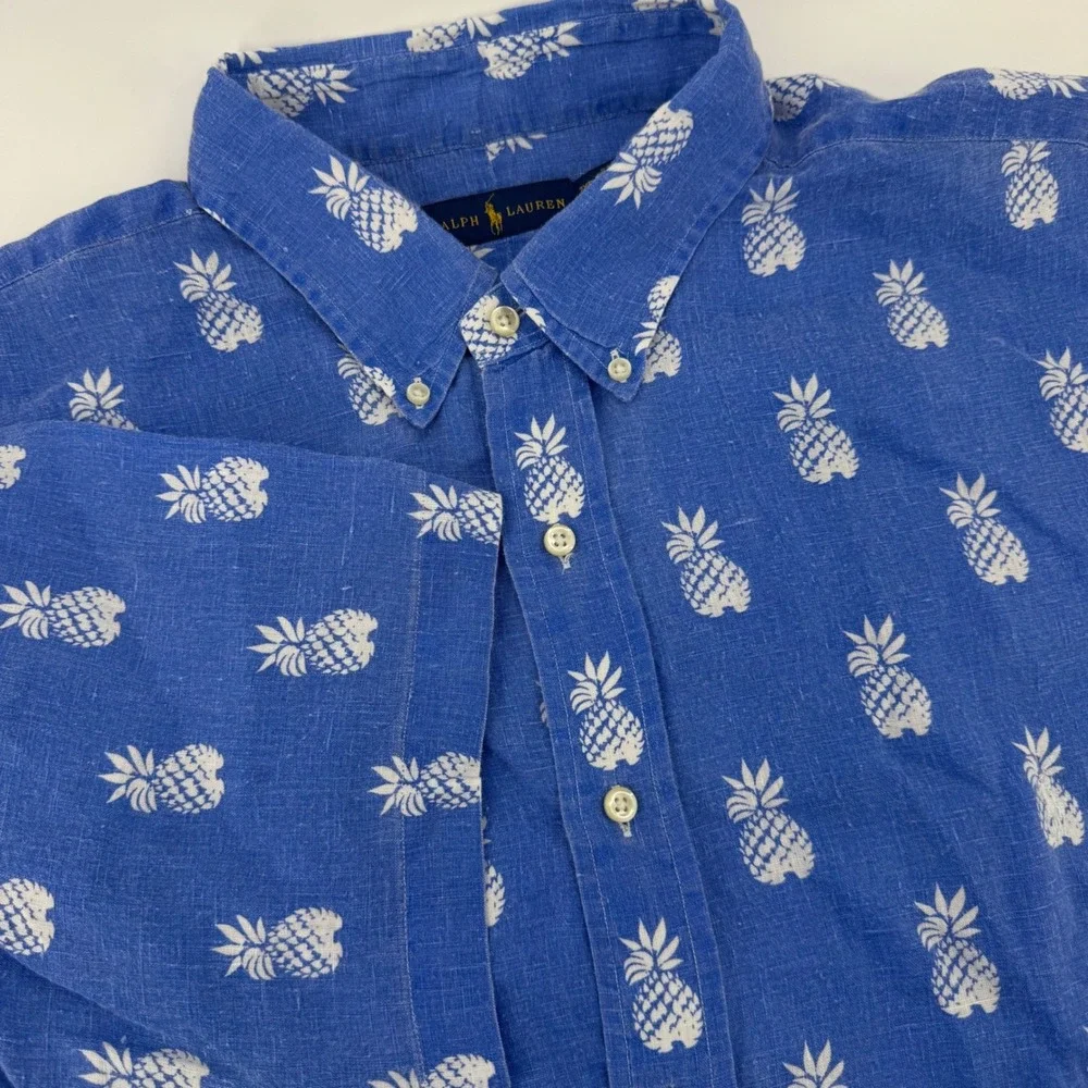 Polo Ralph Lauren Mens 2XB Blue Pineapple Print 100% Linen Short Sleeve Shirt